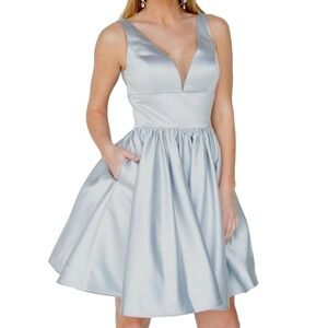 Y2K Vienna Prom Dress Silver Satin Fit Flare Size 4 Tulle Formal Cocktail Short